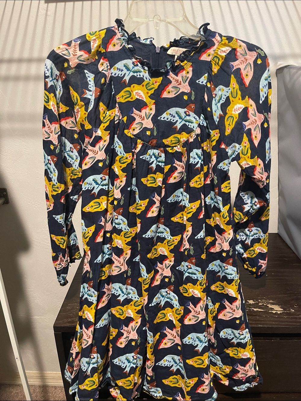 Pink Chicken Navy Floral & Bird Print Dress with Ruffle Neck